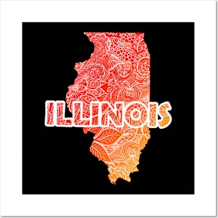 Colorful mandala art map of Illinois with text in red and orange Posters and Art